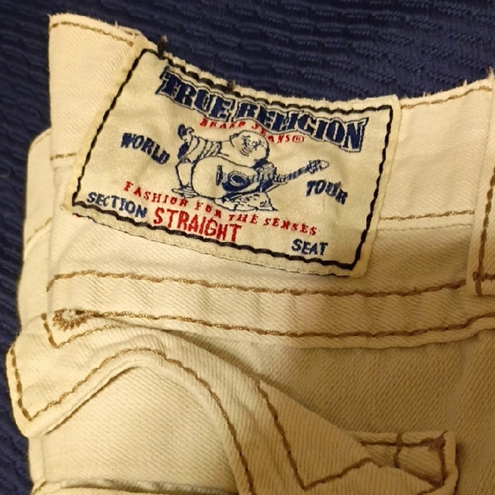 True Religion Cream Straight Jeans with Iconic Branding